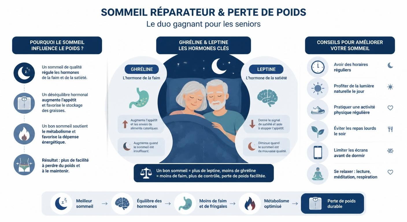 Infographie sur le lien entre sommeil réparateur et perte de poids après 60 ans