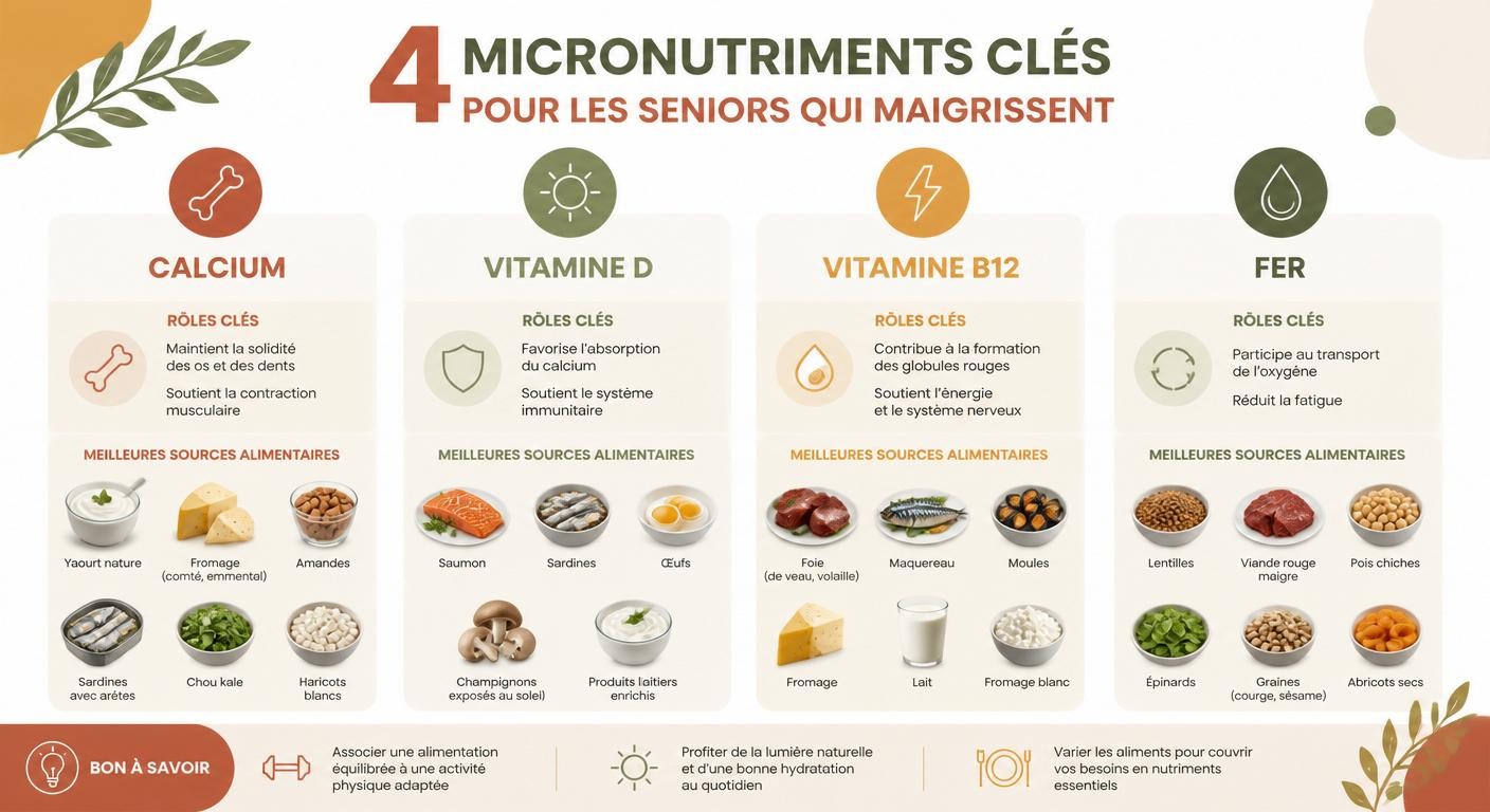 Infographie des micronutriments essentiels pour la santé osseuse et la vitalité des seniors : calcium, vitamine D, B12 et fer