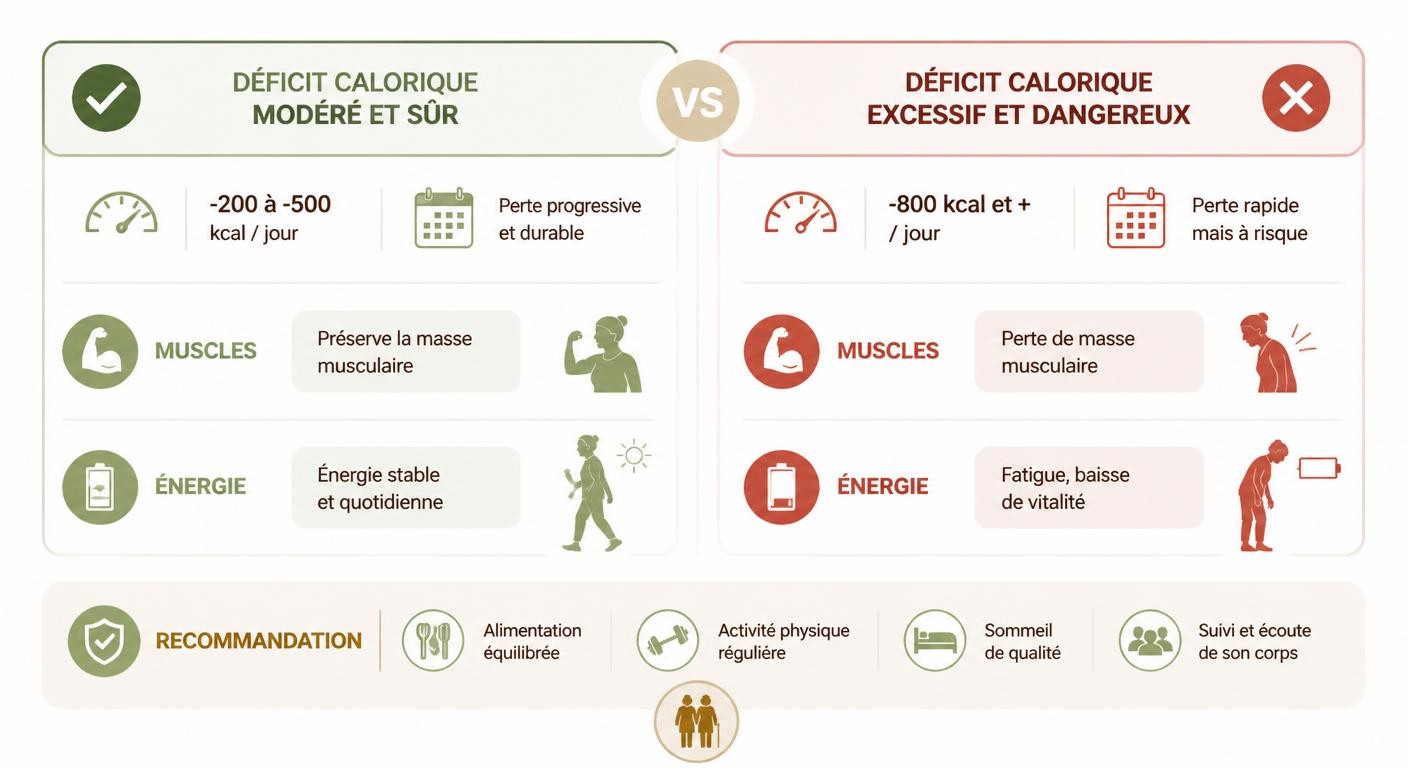 Infographie comparant un déficit calorique intelligent et un déficit dangereux pour un senior