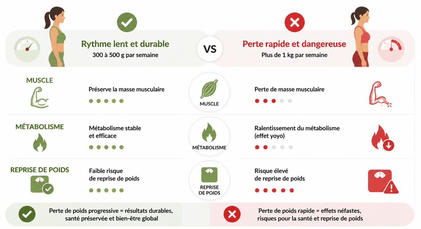 Infographie comparant le rythme de perte de poids sain et durable avec la perte trop rapide pour les seniors