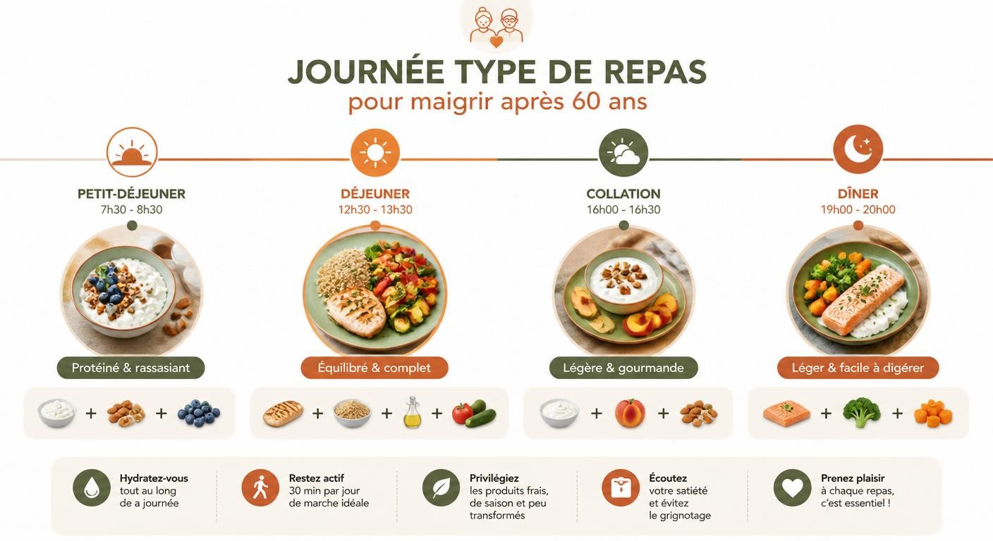Infographie d'une journée type de repas minceur pour senior avec petit-déjeuner déjeuner collation et dîner