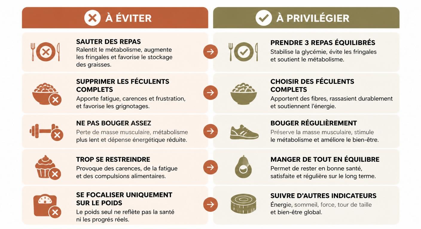 Infographie des erreurs à éviter pour perdre du poids après 60 ans et leurs alternatives