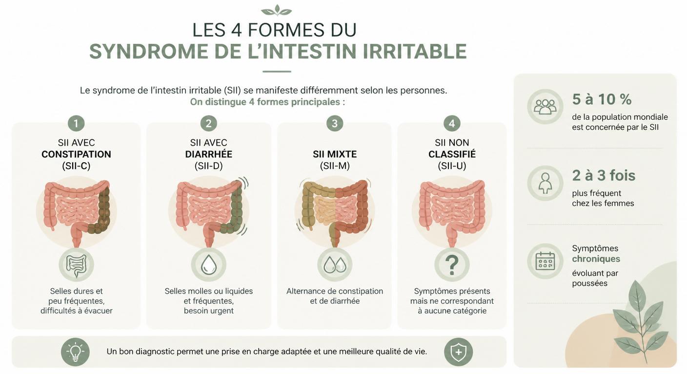 Infographie des 4 formes du syndrome de l'intestin irritable et leur prévalence