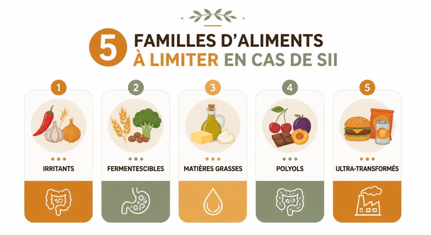 Infographie des 5 familles d'aliments à limiter en cas de syndrome de l'intestin irritable