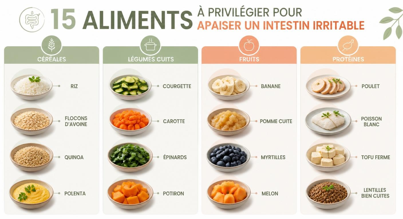 Infographie des 15 aliments à privilégier pour apaiser un intestin irritable