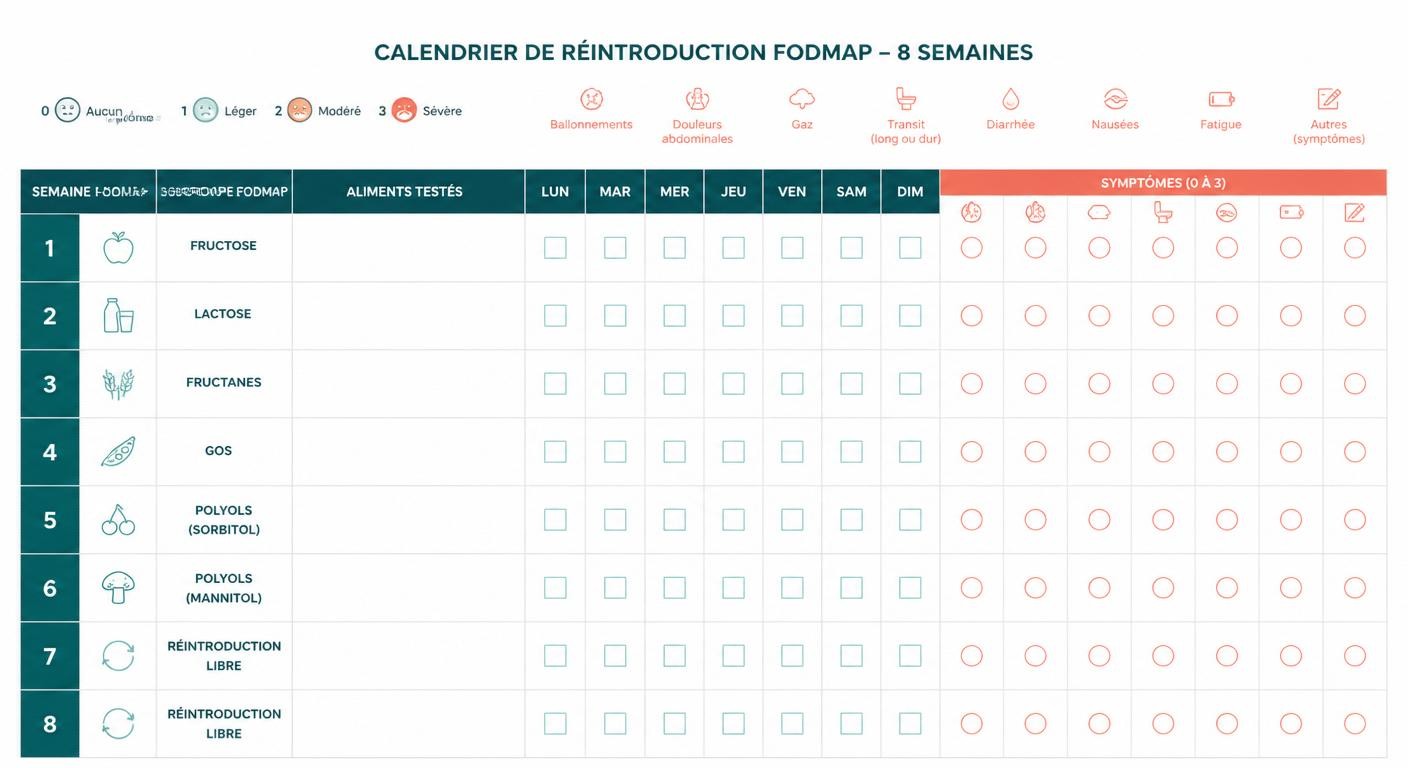 Infographie du calendrier de réintroduction FODMAP sur 8 semaines