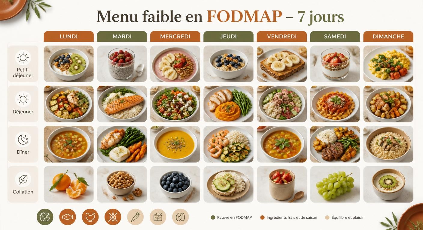 Infographie d'un menu type sur 7 jours pauvre en FODMAP pour le syndrome de l'intestin irritable