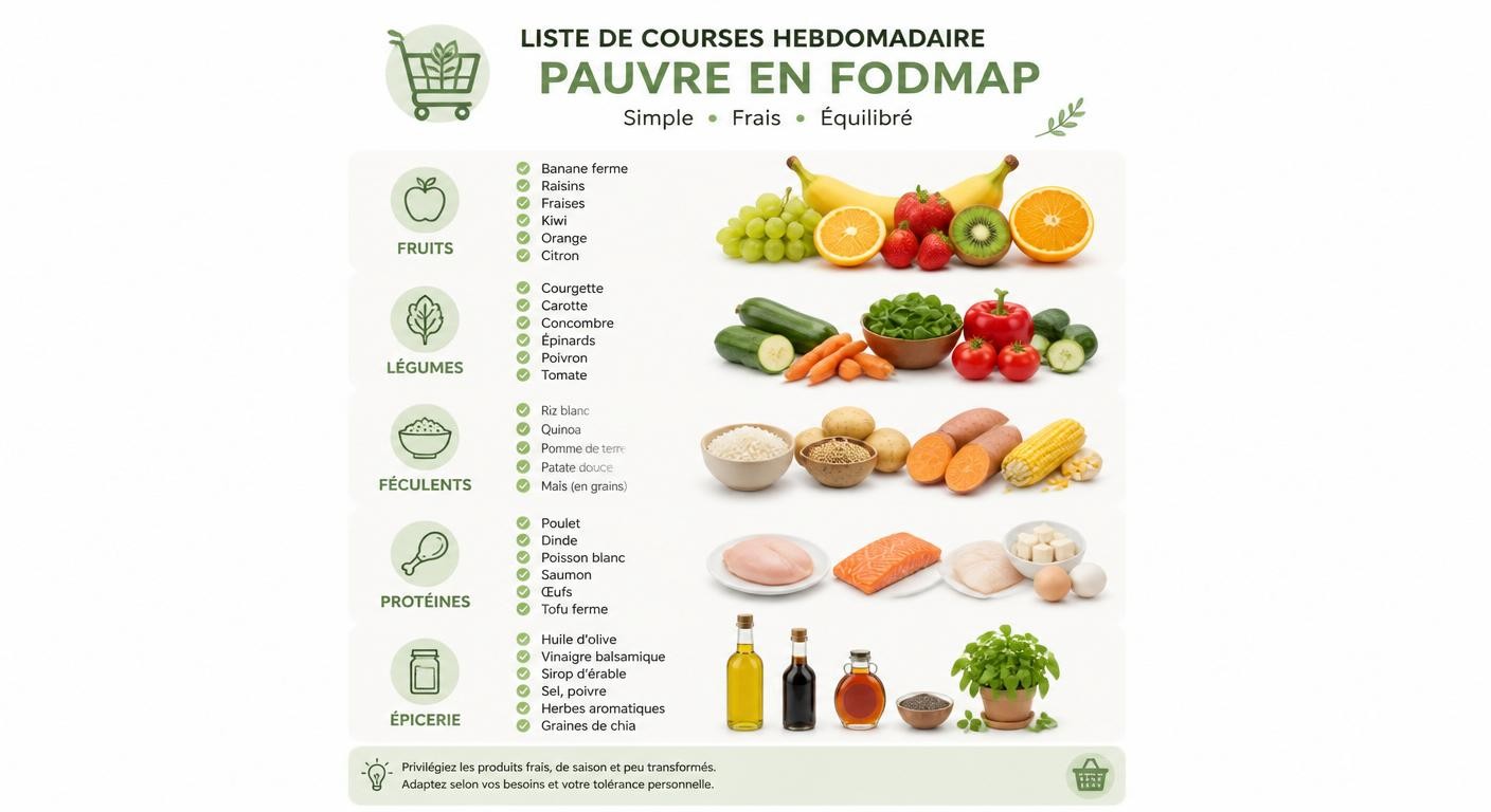 Infographie de la liste de courses hebdomadaire pauvre en FODMAP pour le syndrome de l'intestin irritable