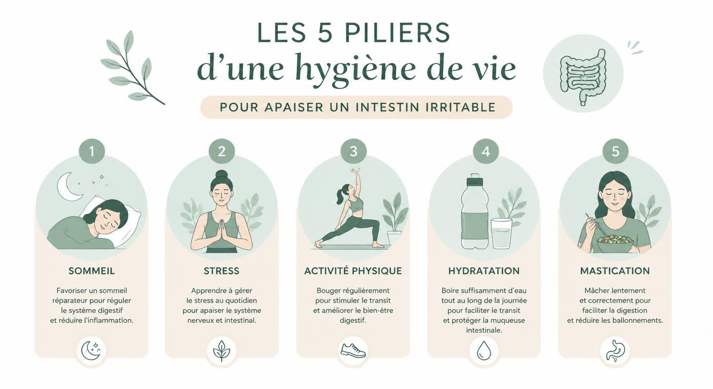 Infographie des 5 piliers de l'hygiène de vie pour soulager un intestin irritable