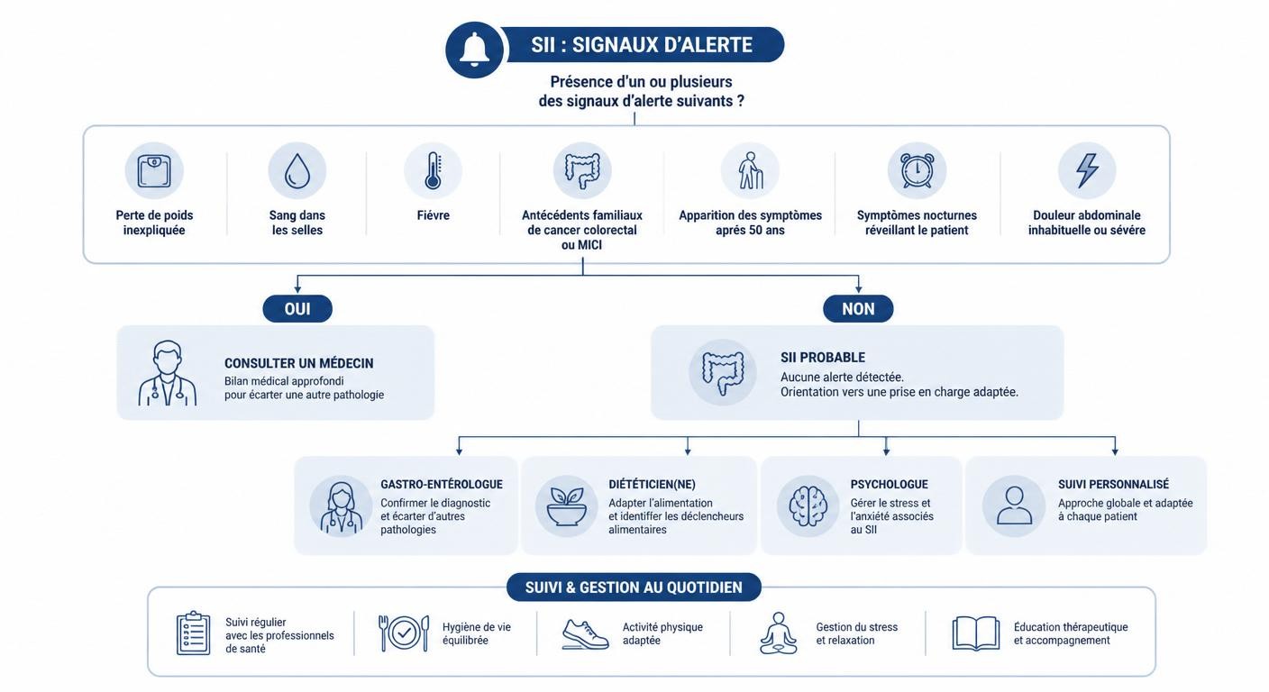 Infographie de l'arbre de décision pour consulter en cas de syndrome de l'intestin irritable