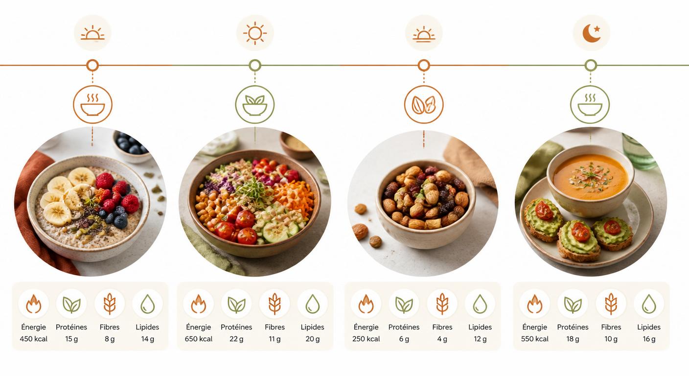 Menu type d'une journée vegan équilibrée avec quatre repas