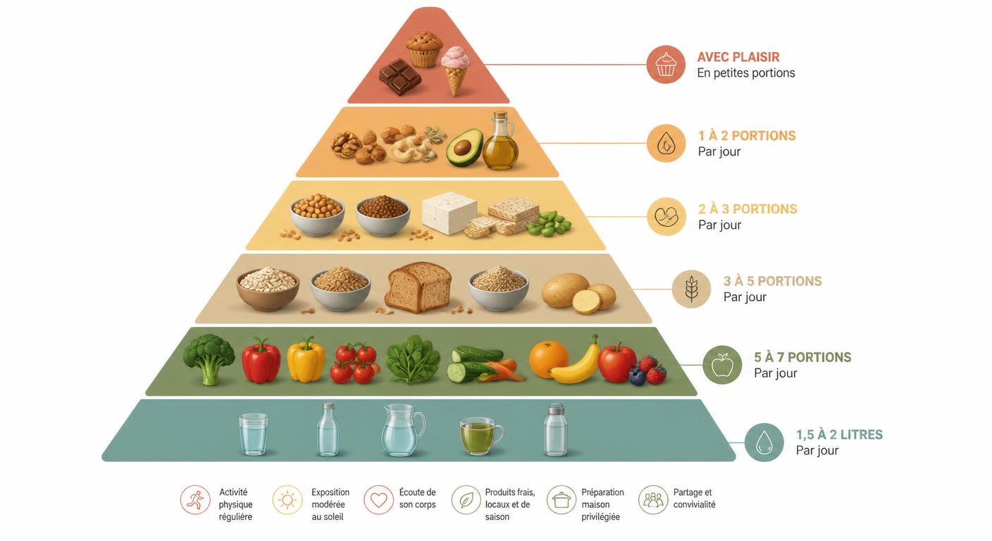 Pyramide alimentaire vegan avec portions journalières recommandées