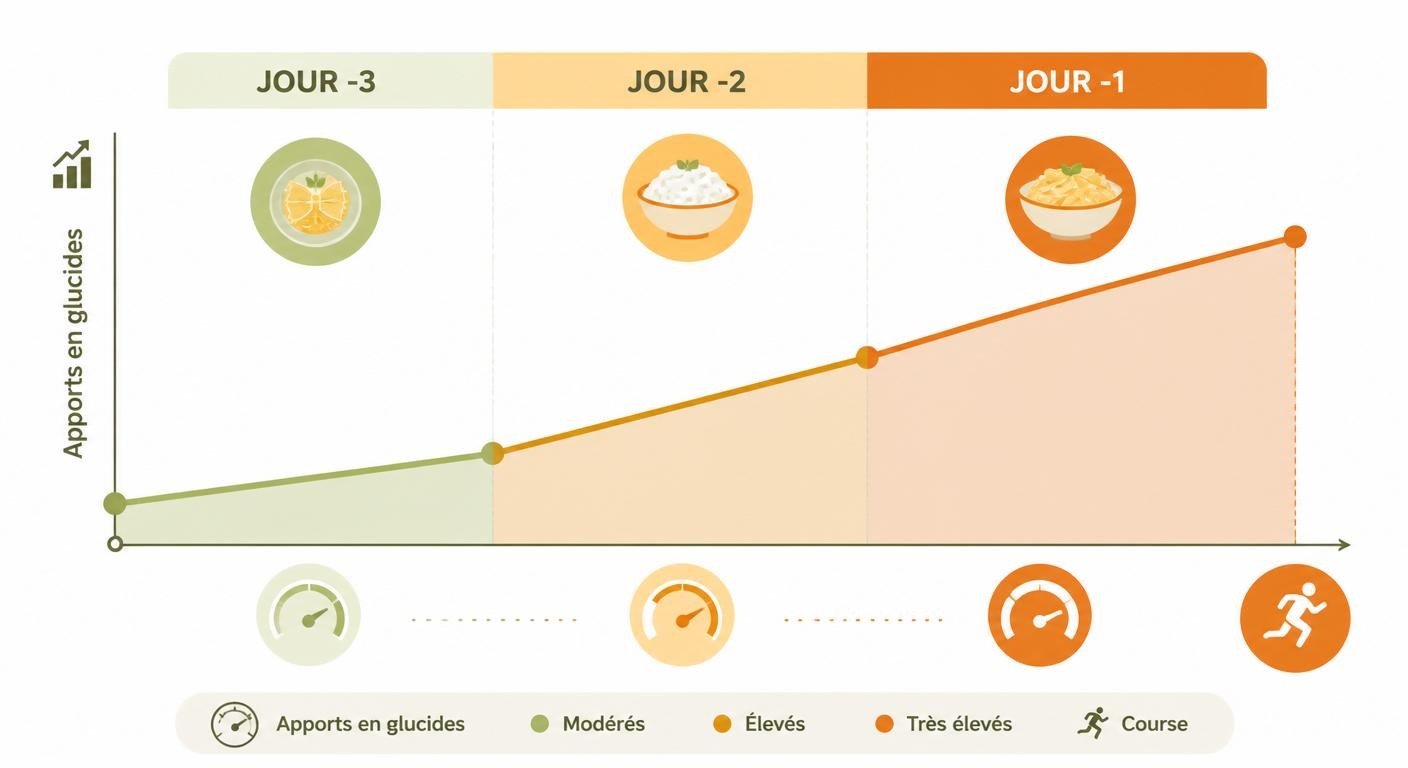 Chronologie de la recharge glucidique sur trois jours avant une course