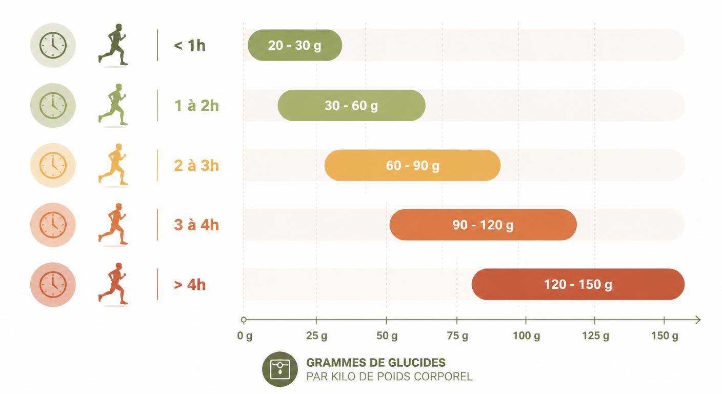 Fourchettes de glucides par kilo de poids selon la durée de l'effort