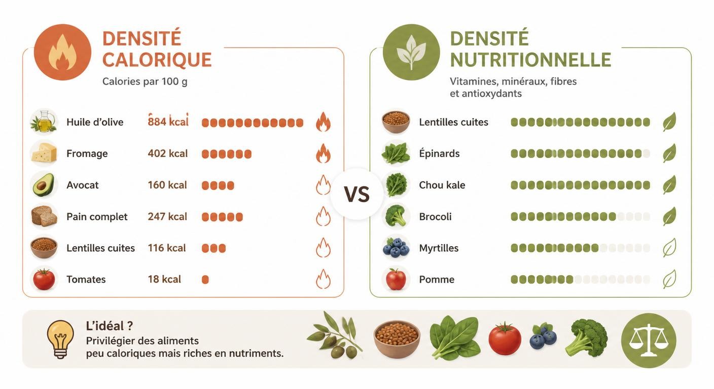 Infographie comparant densité calorique et densité nutritionnelle des aliments