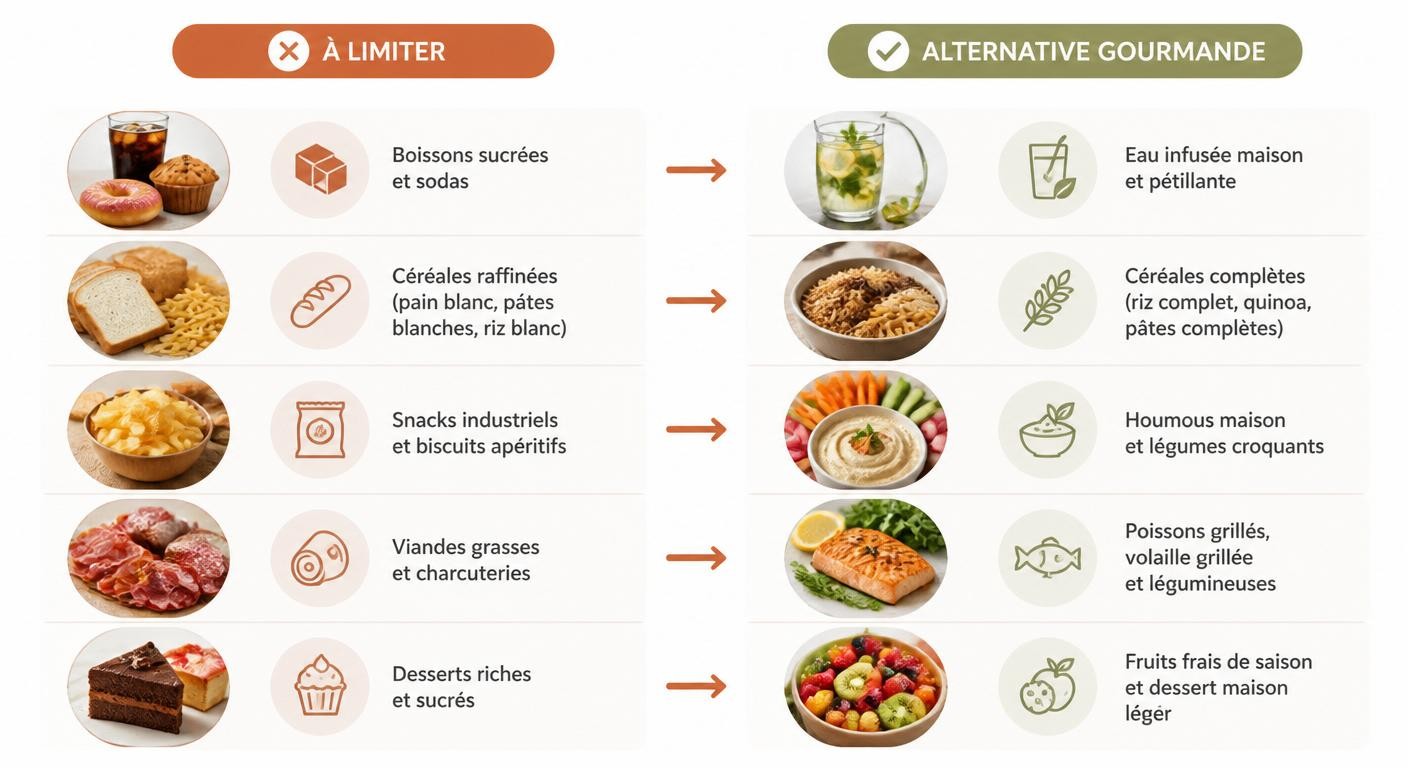 Infographie des familles d'aliments à limiter et leurs alternatives gourmandes