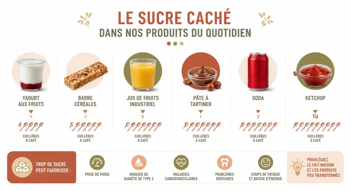 Infographie du sucre caché dans les produits du quotidien en équivalents cuillères