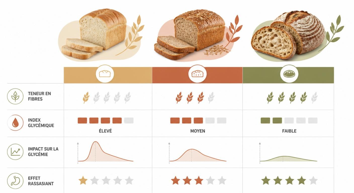 Infographie comparant pain blanc, complet et au levain selon fibres et index glycémique