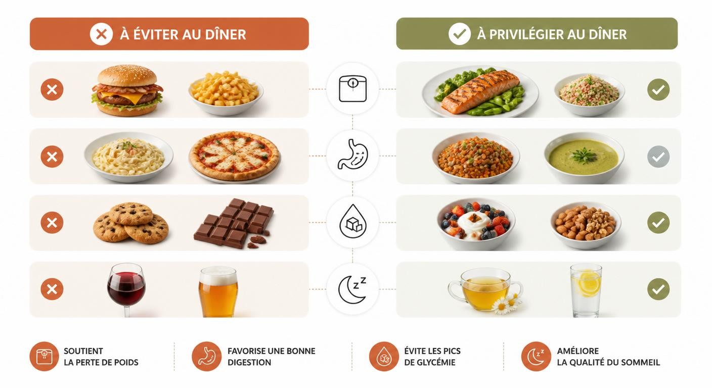 Infographie des aliments à éviter et à privilégier le soir pour la perte de poids