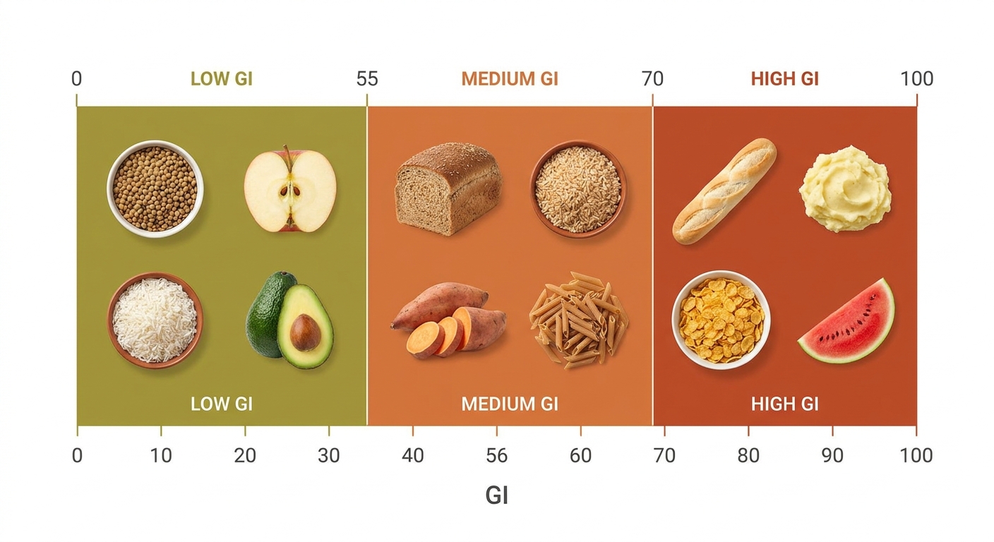 Infographie de l'échelle de l'index glycémique avec zones basse, moyenne et élevée