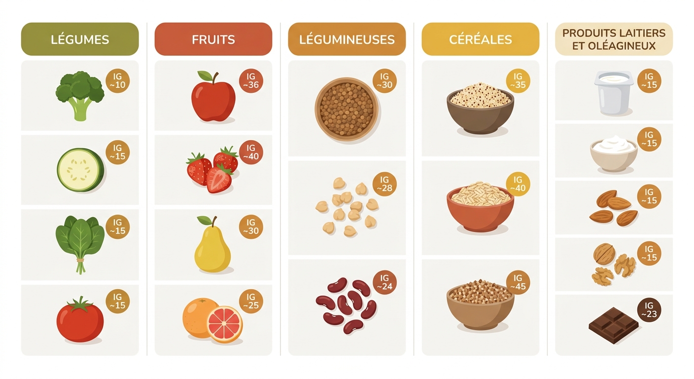 Infographie des 20 meilleurs aliments à index glycémique bas classés par catégorie