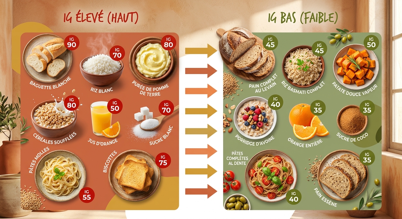 Infographie des substitutions d'aliments à IG élevé par des alternatives à IG bas