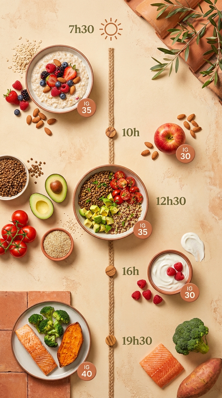 Infographie d'une journée type de repas à index glycémique bas