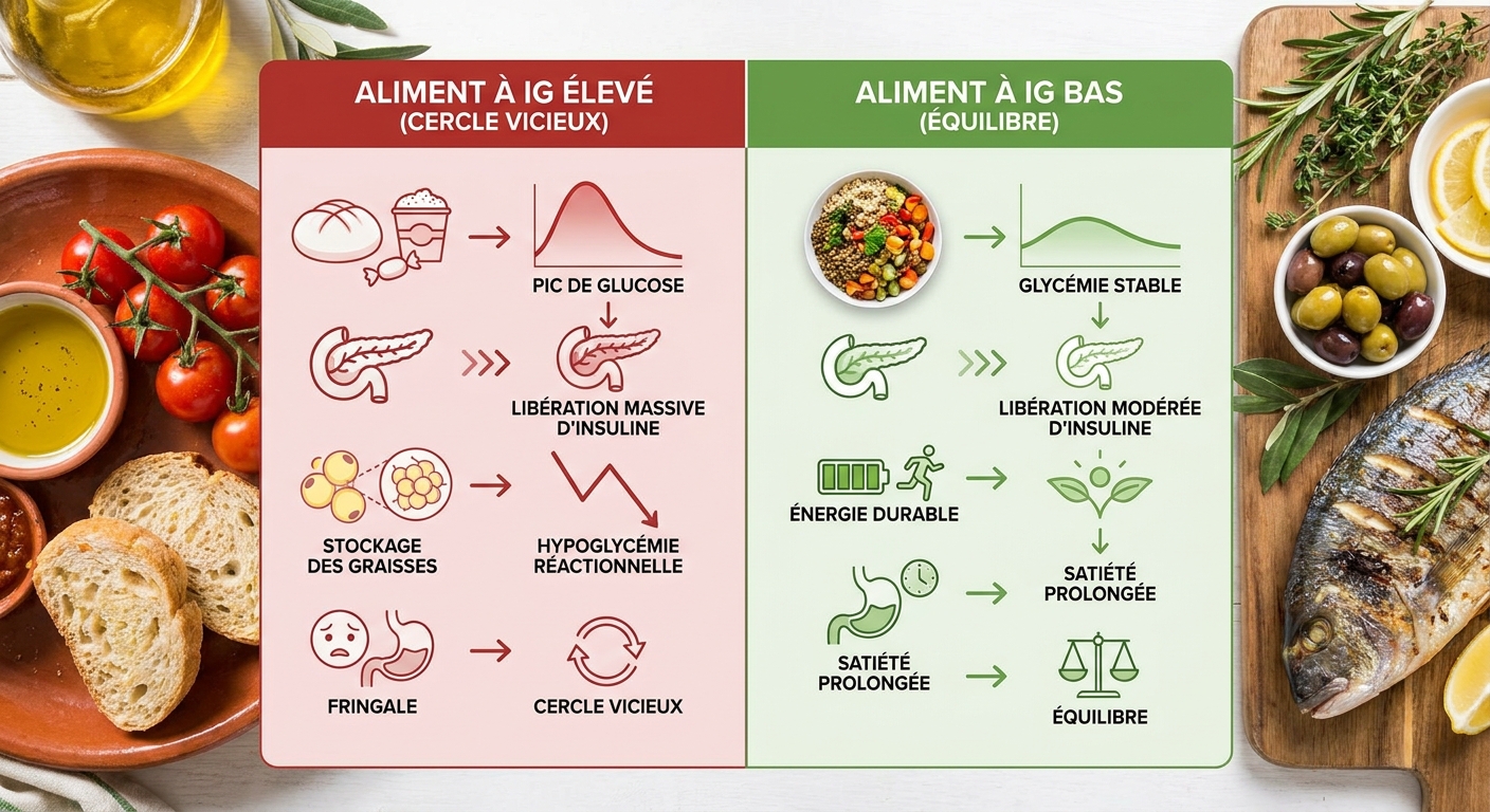 Schéma comparatif de l'impact des aliments à IG élevé et IG bas sur le poids