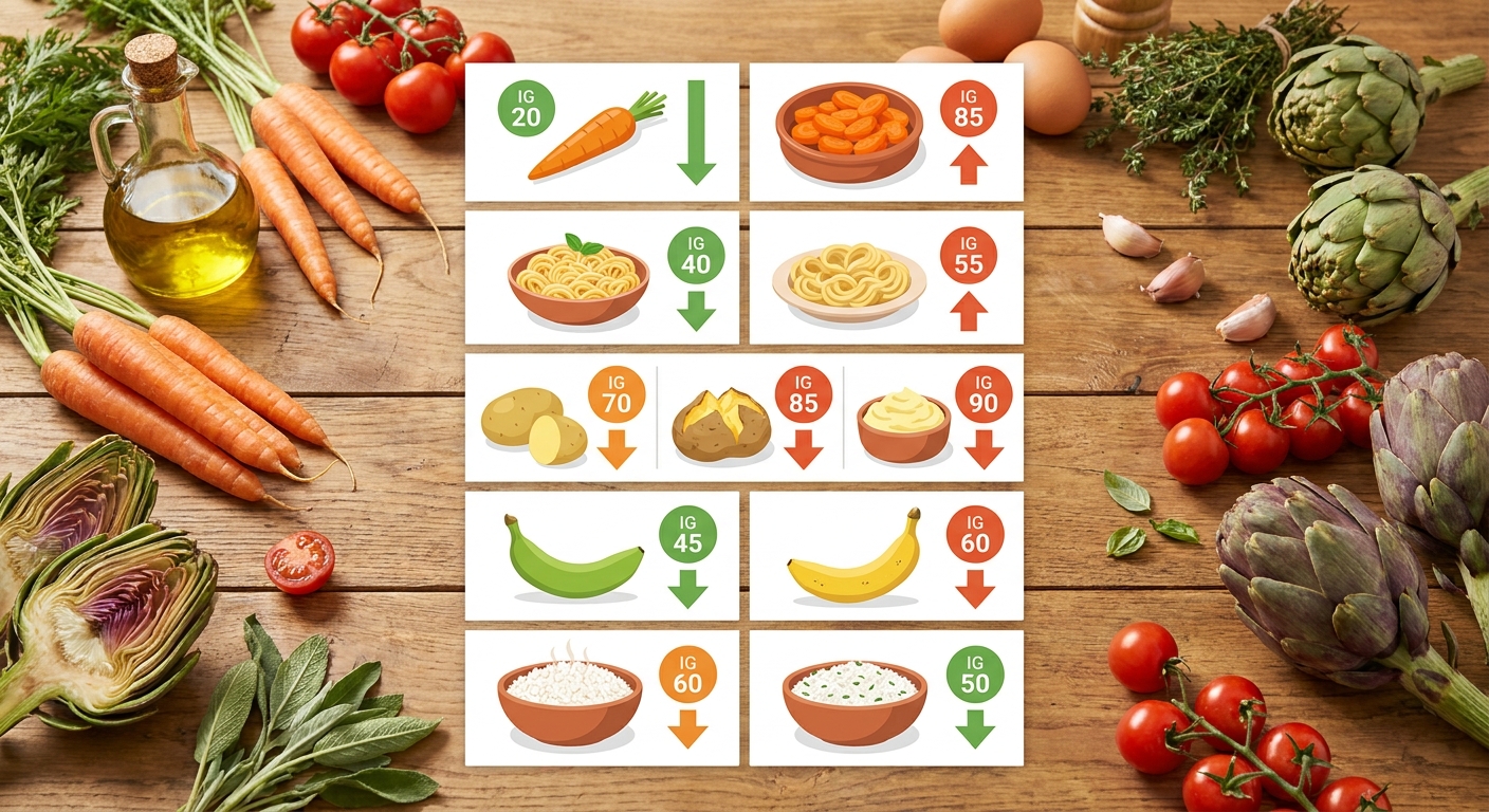 Infographie montrant l'impact de la cuisson sur l'index glycémique des aliments