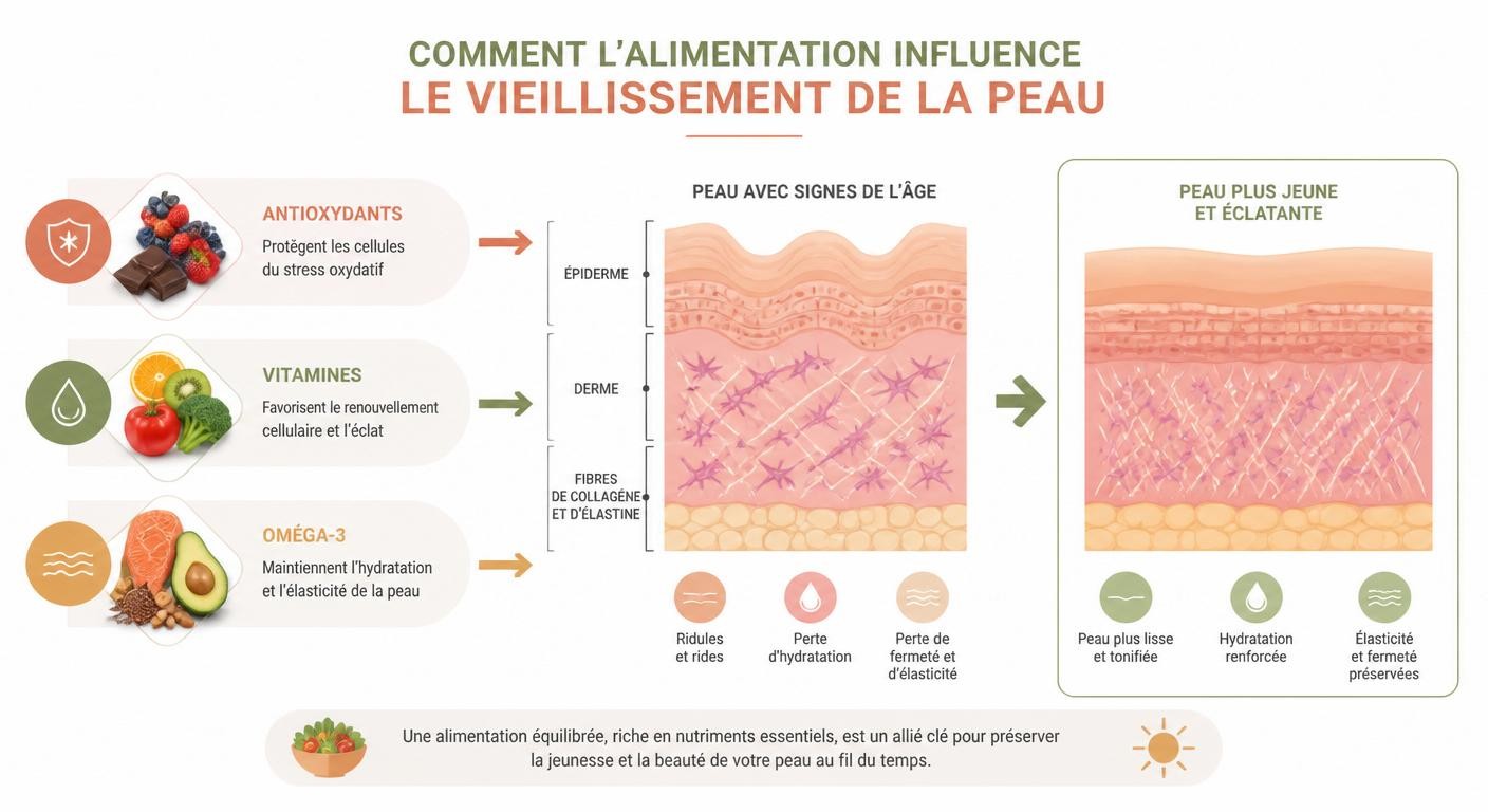 Infographie montrant le lien entre alimentation et rides au niveau des couches de la peau
