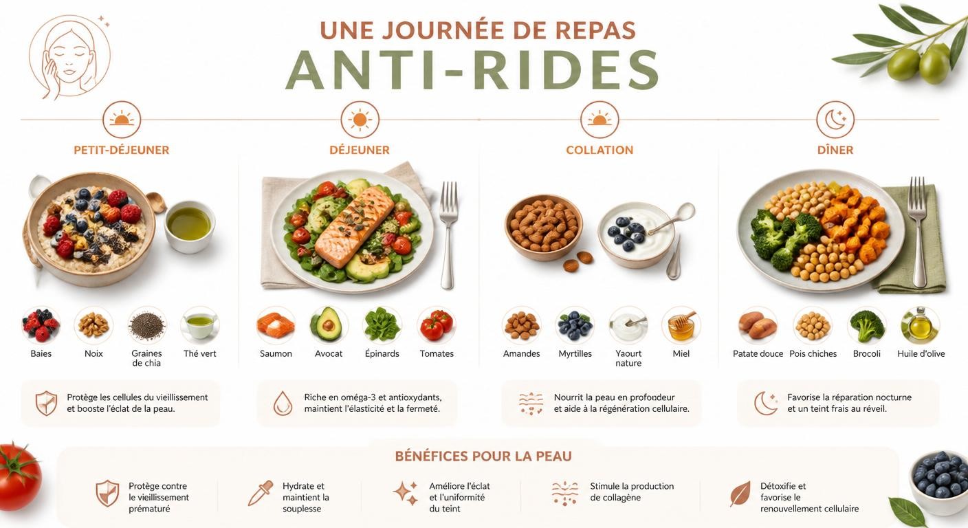 Infographie d'une journée type de repas riches en aliments anti-rides