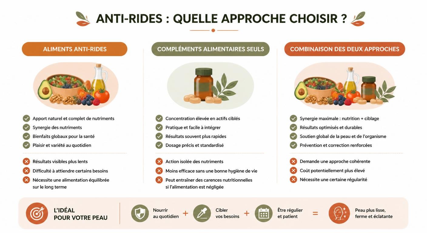 Infographie comparant alimentation anti-rides, compléments et combinaison des deux