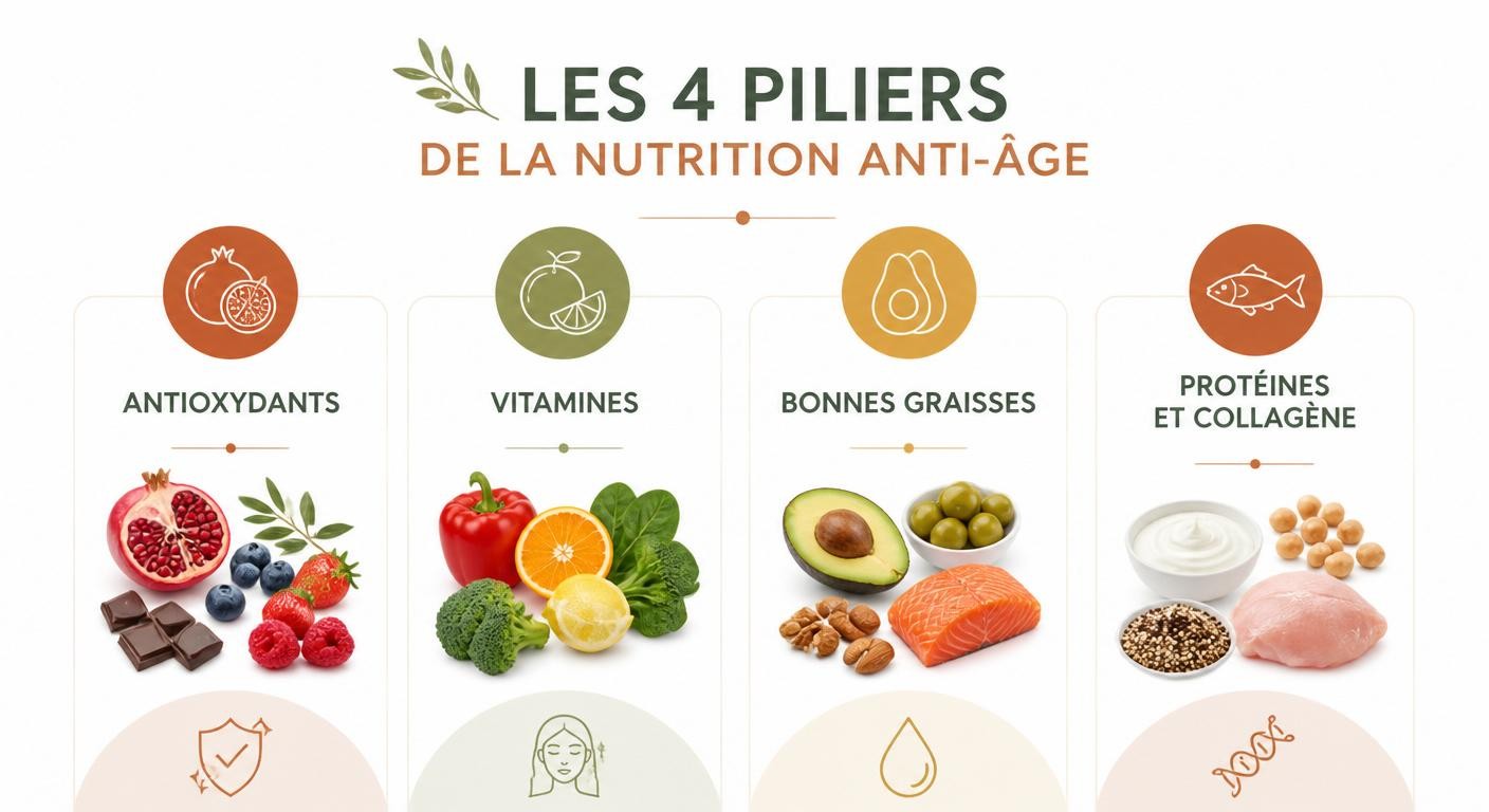 Infographie présentant les quatre piliers nutritionnels anti-rides