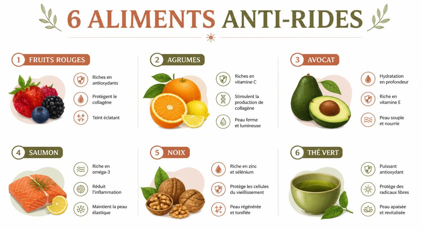 Infographie présentant six aliments anti-rides avec leurs principaux bénéfices