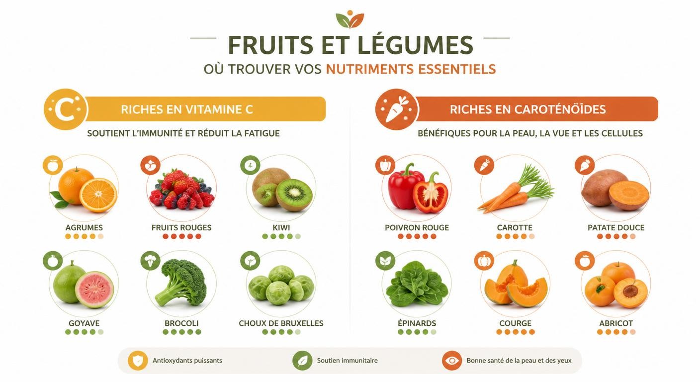Infographie des fruits et légumes riches en vitamine C et caroténoïdes