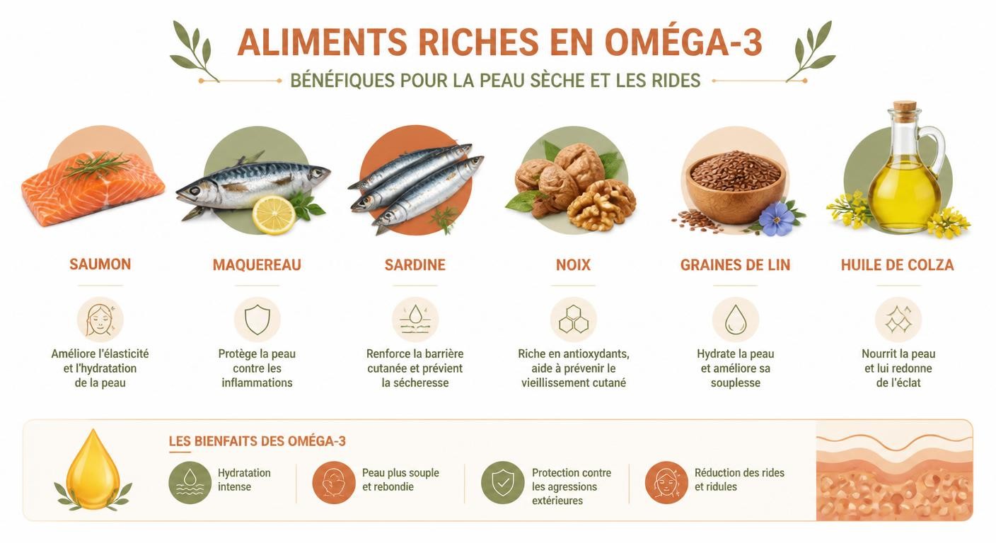 Infographie des aliments riches en oméga-3 bénéfiques pour la peau sèche