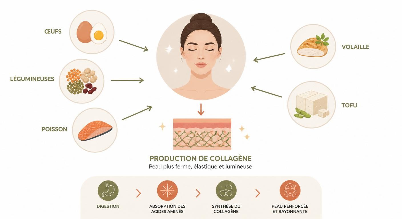 Schéma reliant aliments riches en protéines et production de collagène