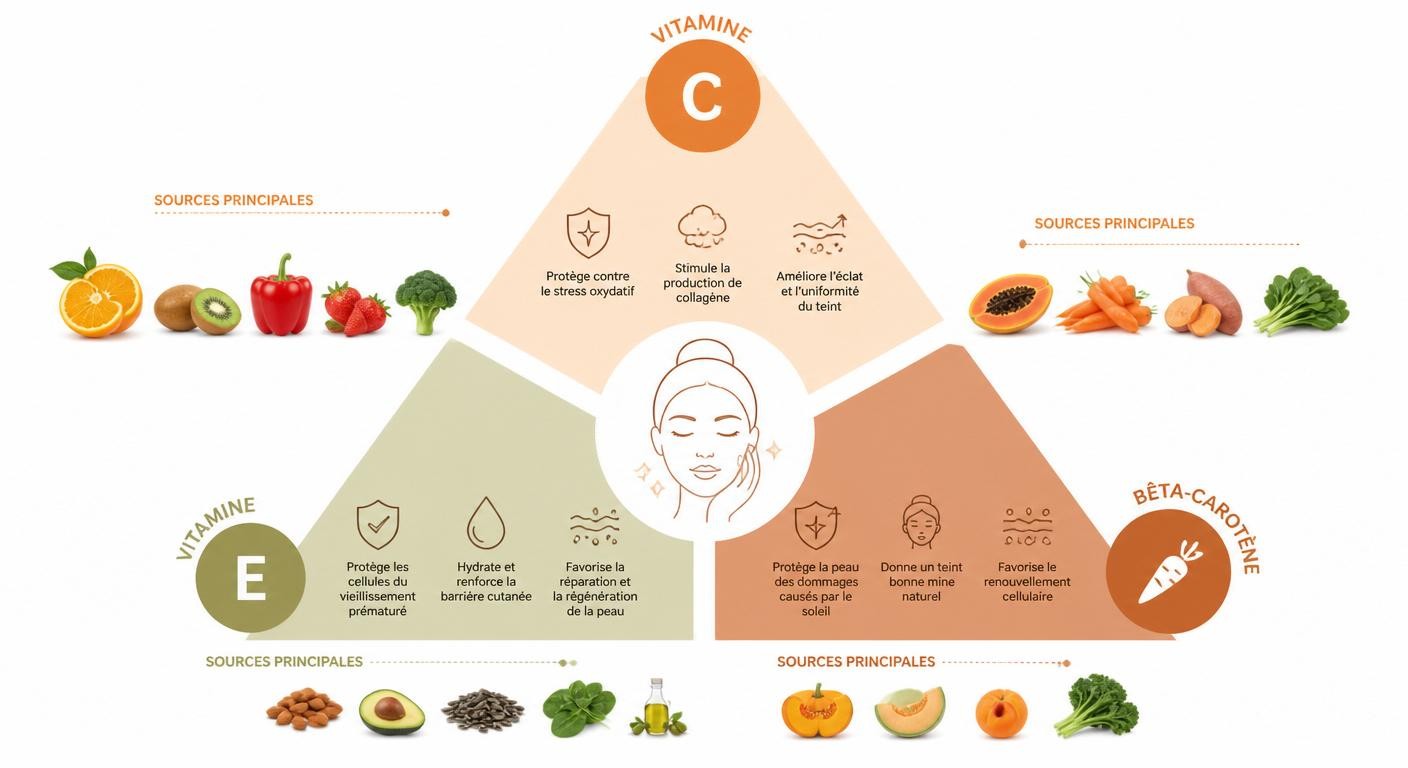 Infographie du trio vitamine C, E et bêta-carotène pour la peau
