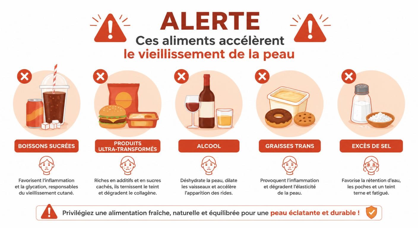 Infographie des aliments et boissons qui accélèrent le vieillissement de la peau