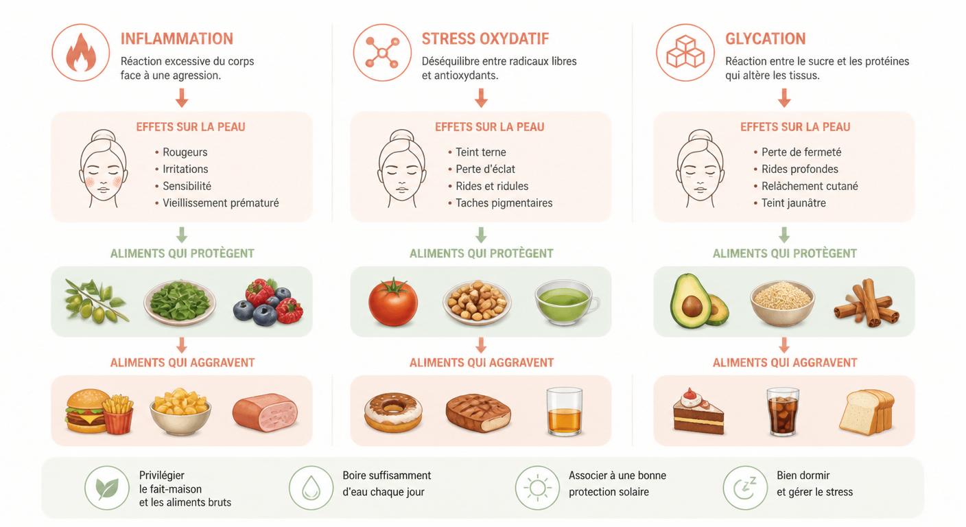 Infographie des trois mécanismes liant alimentation et qualité de la peau