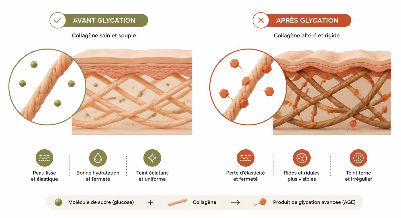 Schéma du processus de glycation du collagène cutané