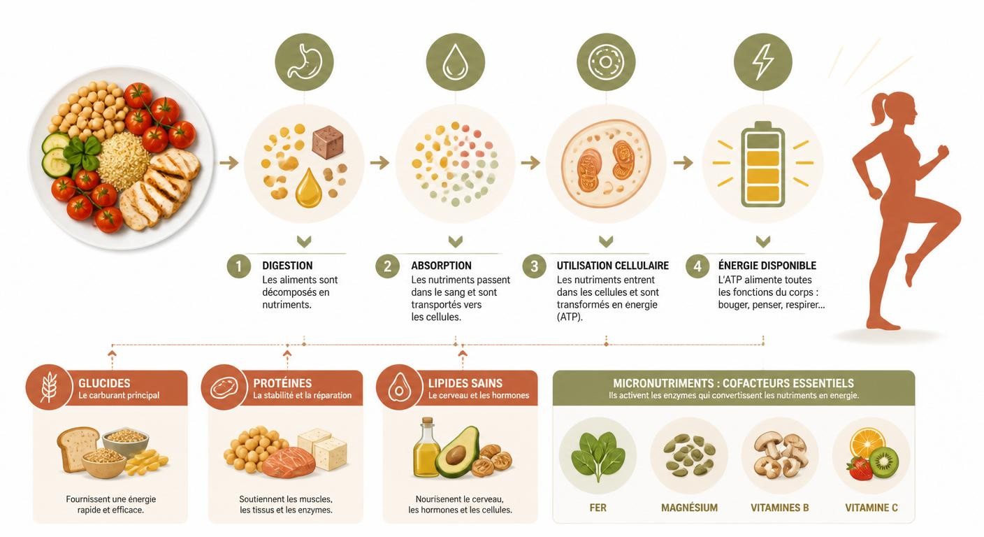 Schéma expliquant comment les aliments se transforment en énergie utilisable par l'organisme