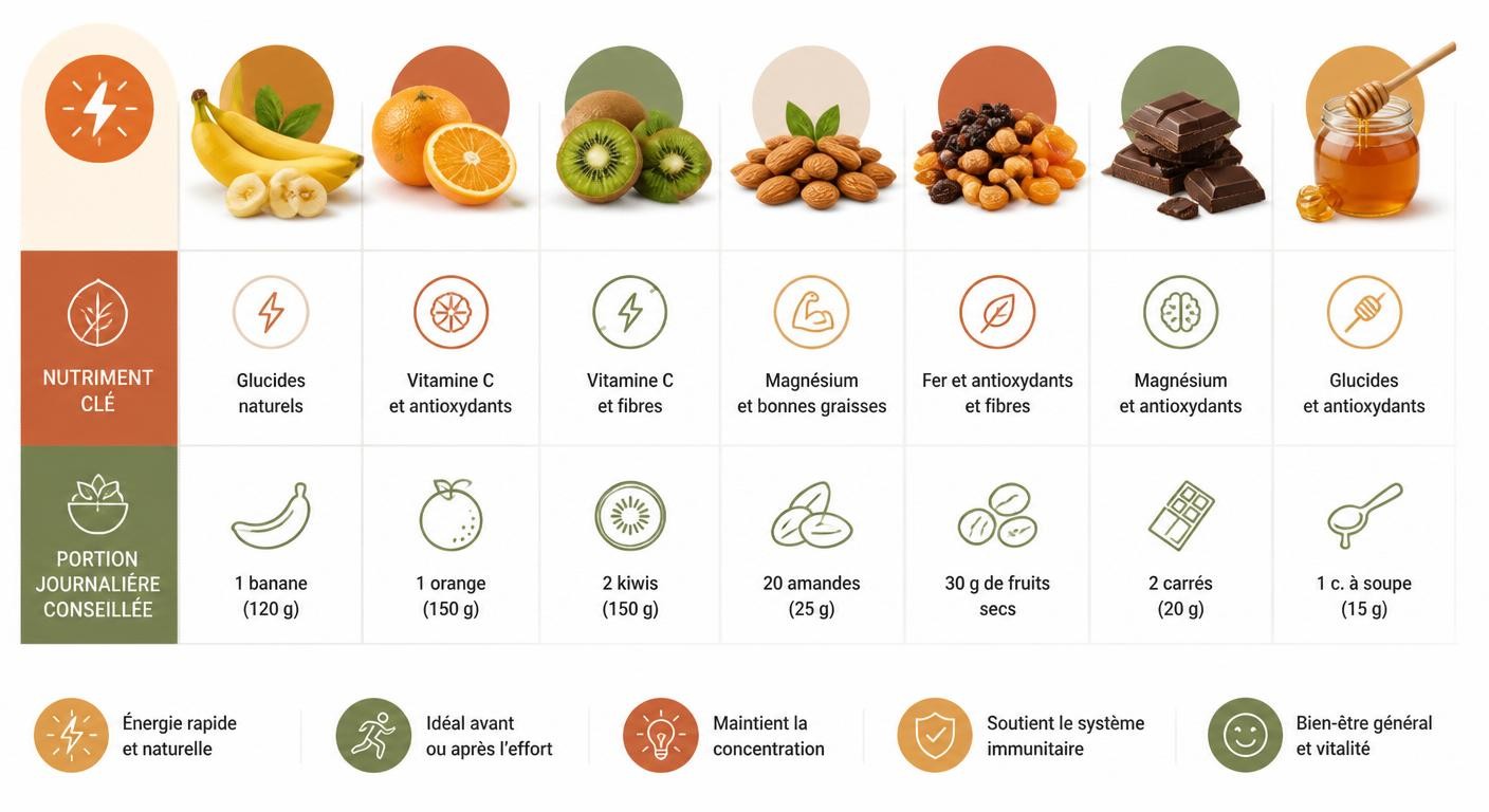 Infographie des meilleurs aliments qui donnent de l'énergie rapidement avec portions conseillées