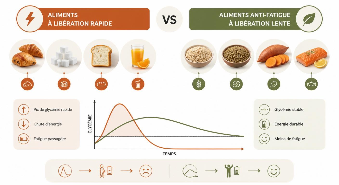 Infographie comparant les aliments à énergie rapide et les aliments anti-fatigue à énergie durable