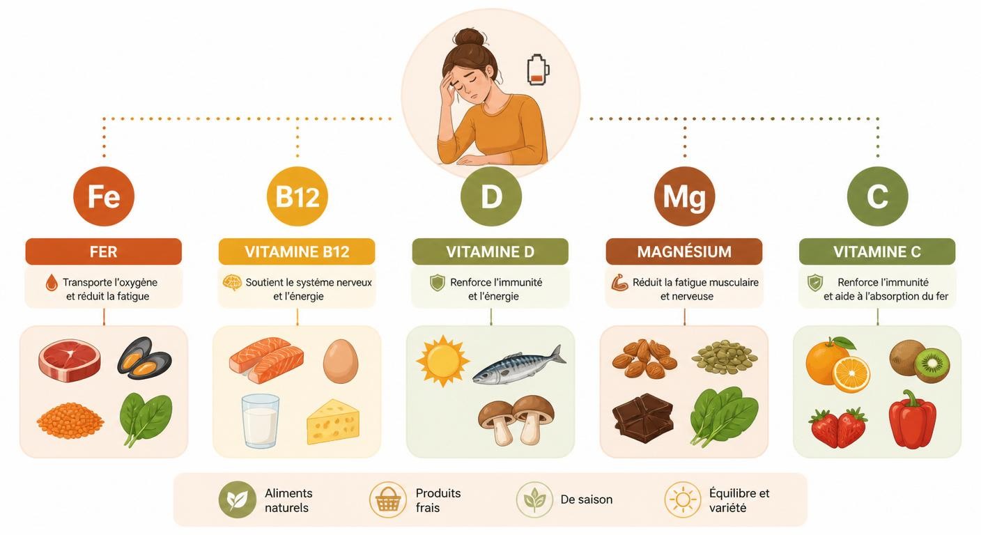 Infographie des carences invisibles responsables de fatigue et des aliments pour les corriger