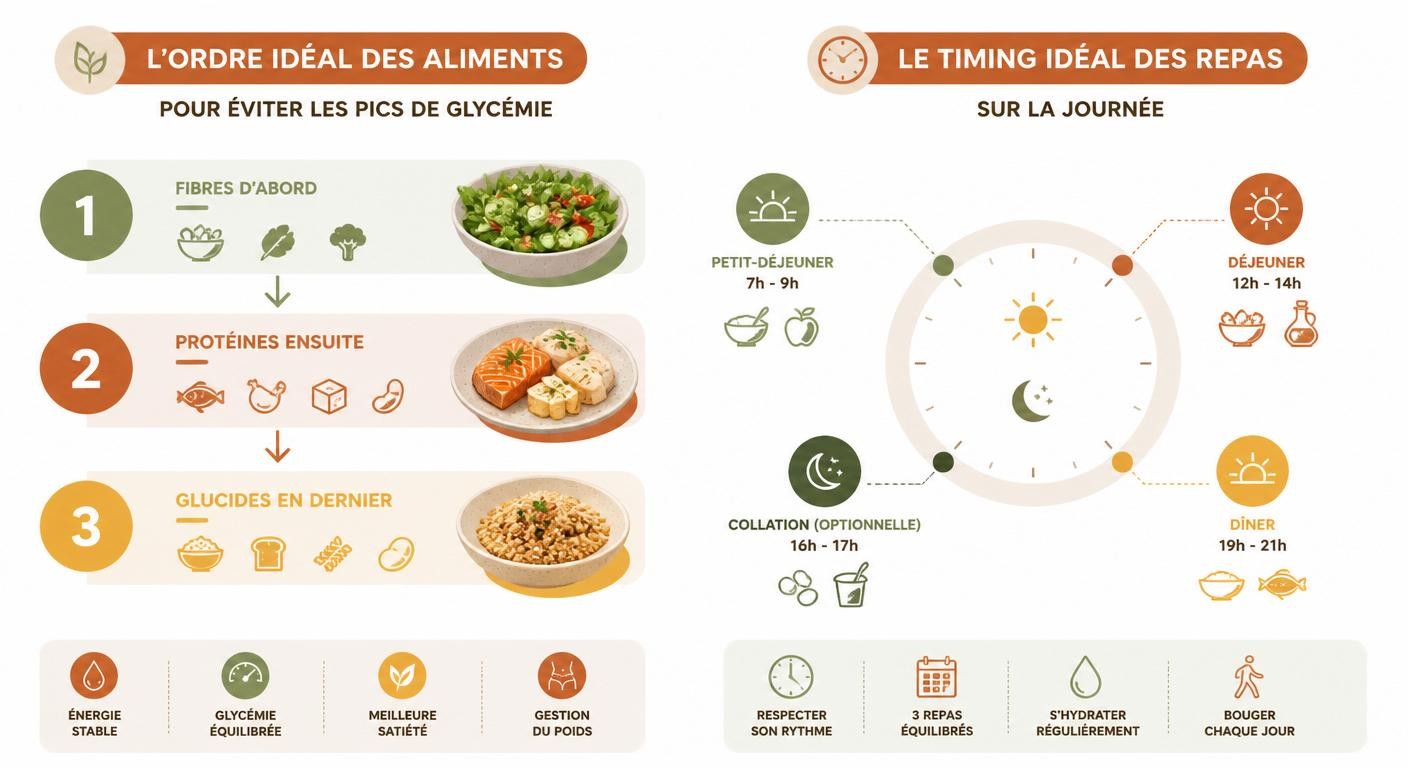 Infographie sur l'ordre des aliments et le timing des repas pour maximiser l'énergie