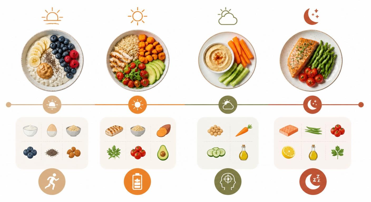 Infographie d'un menu type d'une journée pleine d'énergie, du petit-déjeuner au dîner