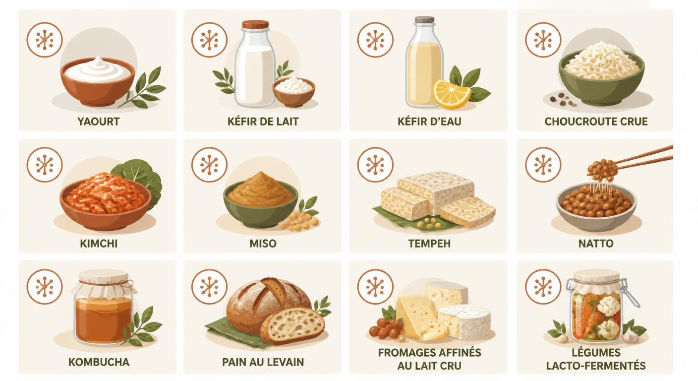 Infographie présentant 12 aliments fermentés courants avec icônes et étiquettes en français