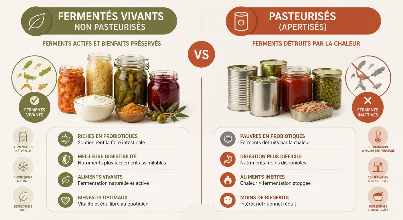 Infographie comparative entre aliments fermentés vivants non pasteurisés et aliments fermentés pasteurisés