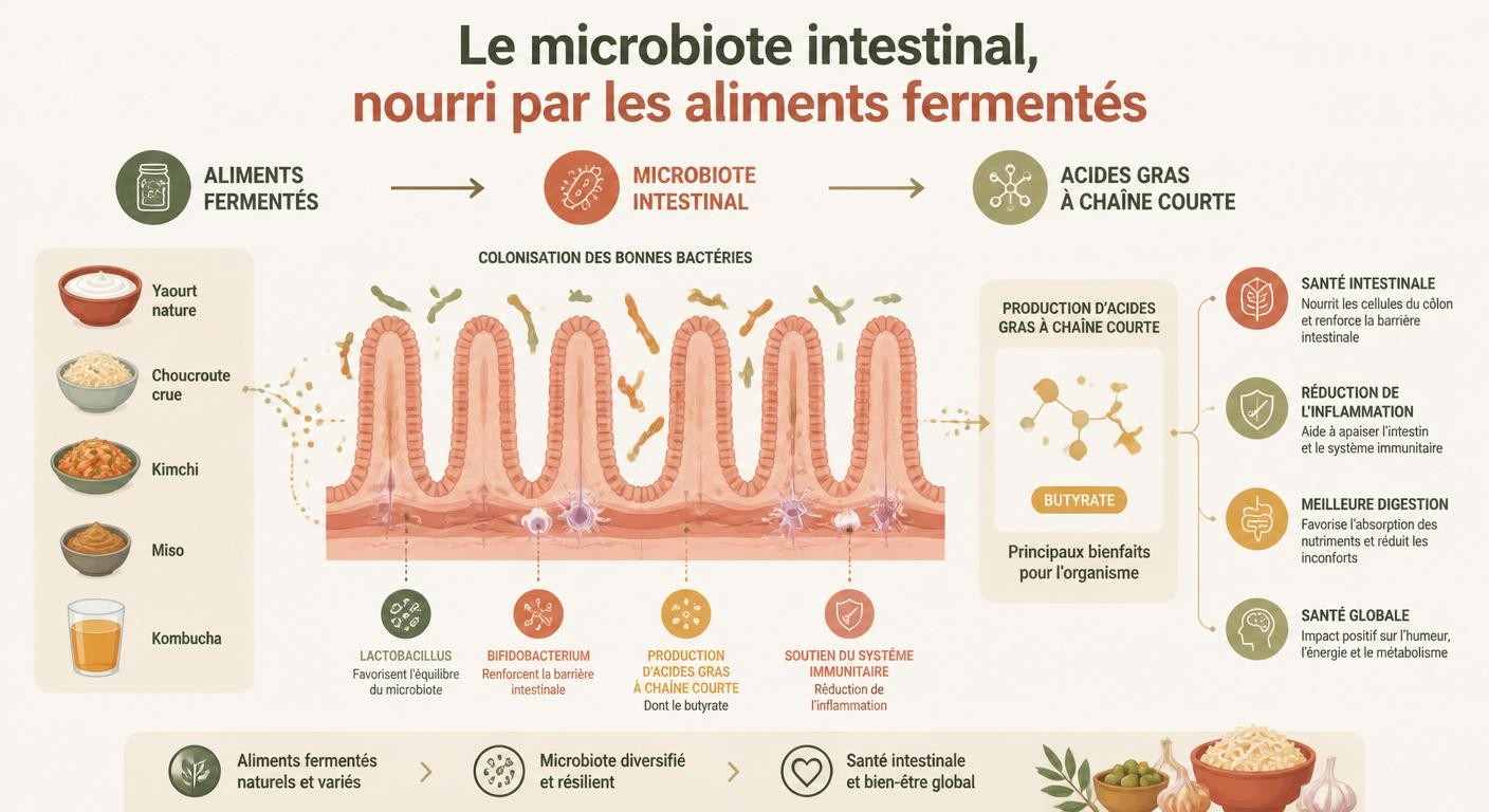 Infographie expliquant l'action des aliments fermentés sur le microbiote intestinal